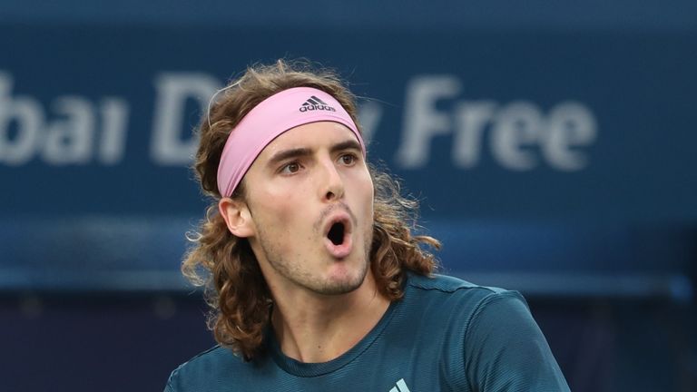 Greek Stefanos Tsitsipas returns to Polish Hubert Hurkacz during their quarter final match at the ATP Dubai Duty Free Tennis Championship in the Gulf emirate of Dubai on February 28, 2019