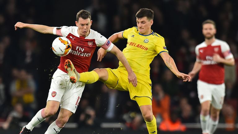 Stephan Lichtsteiner in action during Arsenal's Europa League last-32 second leg against BATE