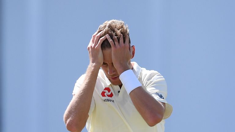 Stuart Broad reacts as a chance goes begging