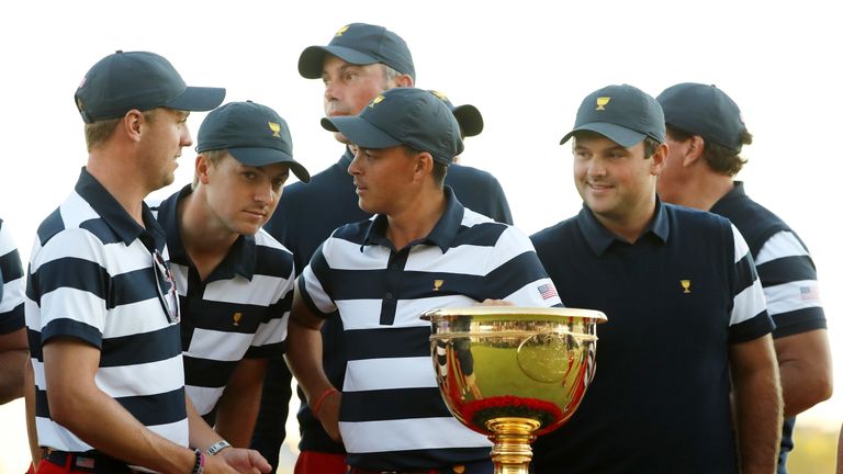 during Sunday singles matches of the Presidents Cup at Liberty National Golf Club on October 1, 2017 in Jersey City, New Jersey.