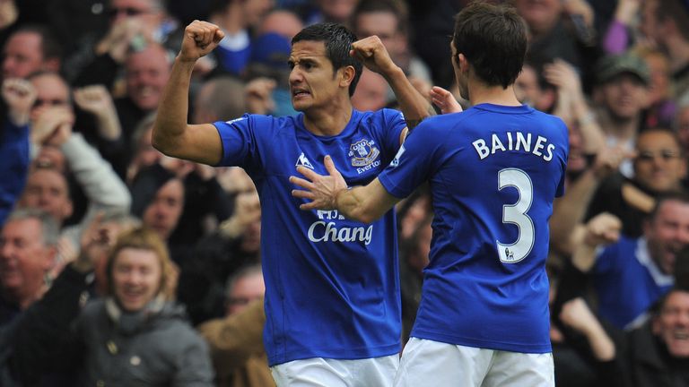 Tim Cahill celebrates after scoring for Everton against Liverpool at Goodison Park in October 2010