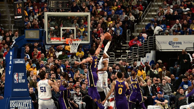Tobias Harris of the Philadelphia 76ers shoots the ball against the Los Angeles Lakers