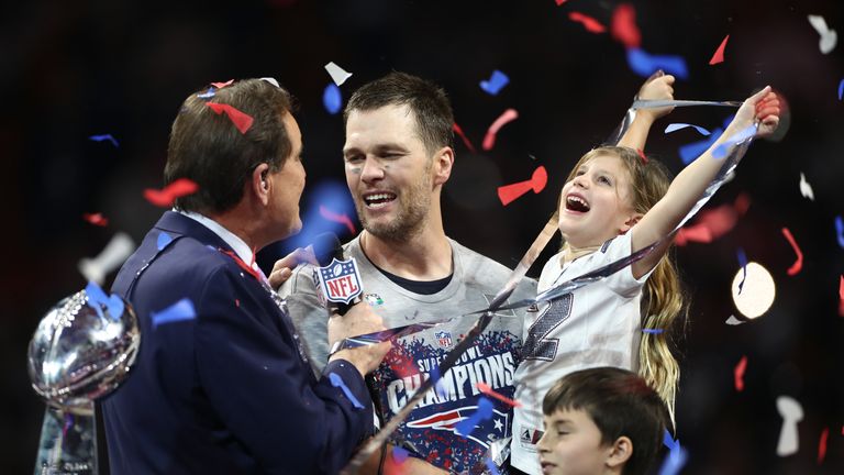 Tom Brady during Super Bowl LIII at Mercedes-Benz Stadium on February 3, 2019 in Atlanta, Georgia.