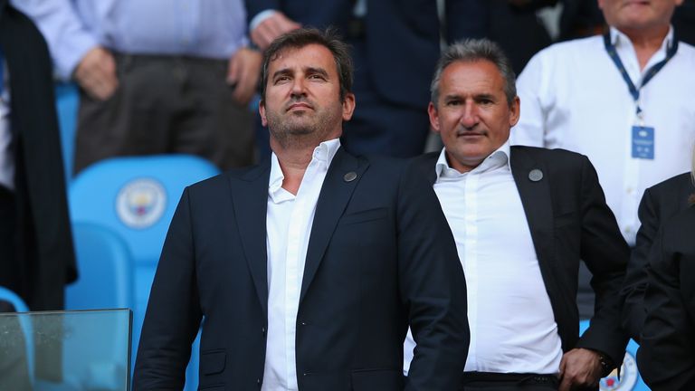 Ferran Soriano and Txiki Begiristain of Manchester City of Newcastle United during the Premier League match between Manchester City and Newcastle United at Etihad Stadium on September 1, 2018 in Manchester, United Kingdom.