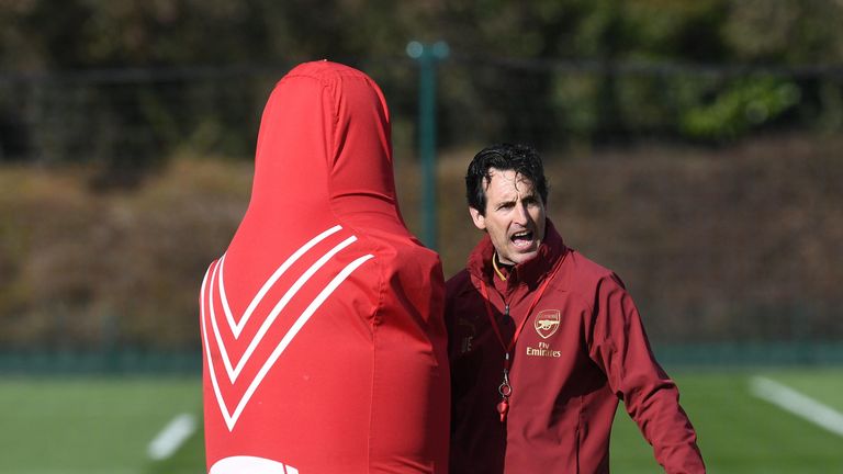 Arsenal head coach Unai Emery during a training session at London Colney ahead of the Europa League Round of 32, second leg against BATE Borisov