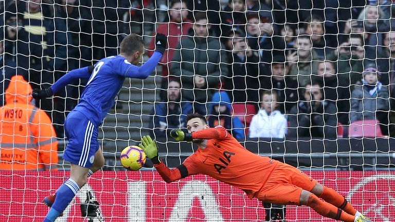 Hugo Lloris saves a penalty from Jamie Vardy