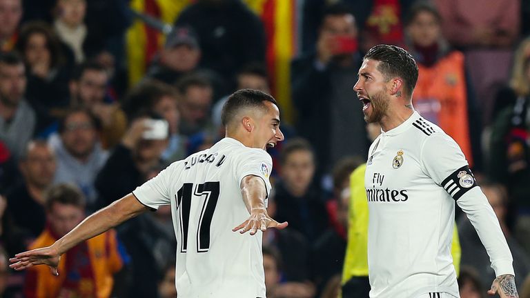 Lucas Vazquez celebrates his opener with Sergio Ramos at the Nou Camp