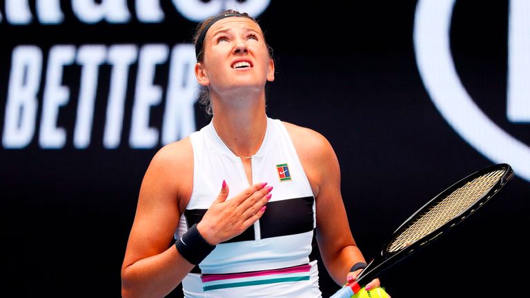 Belarus' Victoria Azarenka reacts after a point against Germany's Laura Siegemund during their women's singles match on day two of the Australian Open tennis tournament in Melbourne on January 15, 2019