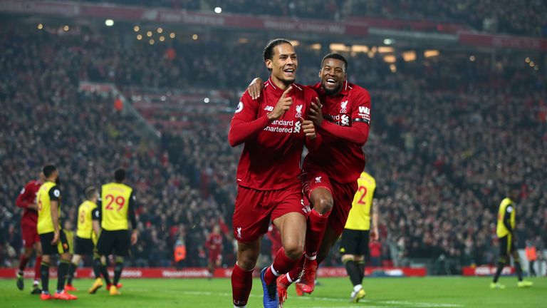 Virgil van Dijk celebrates scoring Liverpool&#39;s fourth goal with Georginio Wijnaldum