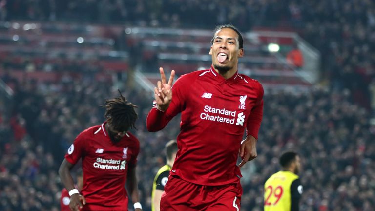 Virgil van Dijk celebrates after scoring his second and Liverpool's fifth goal 
