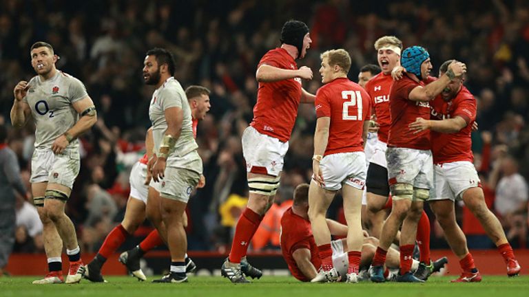 Wales celebrate their record breaking victory against England