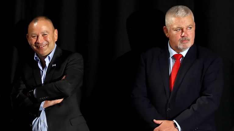 Wales&#39; Warren Gatland, and England&#39;s Eddie Jones look on during the 6 Nations Launch event at the Hurlingham Club in west London on January 23, 2019.