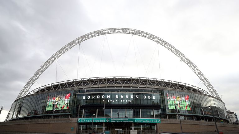 A tribute to Gordon Banks is displayed on the front of Wembley Stadium on February 12, 2019