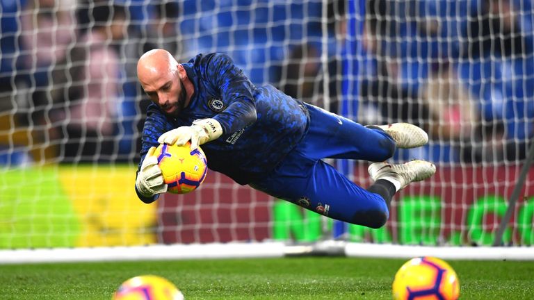 Willy Caballero warms up prior to the Premier League match against Tottenham 