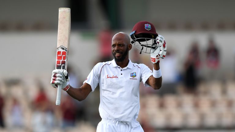 Roston Chase celebrates his century in the third Test against England