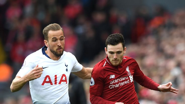 Harry Kane and Andrew Robertson battle for possession 