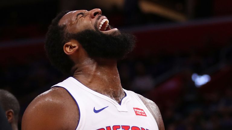 Andre Drummond celebrates after his 31 points powered the Pistons to victory