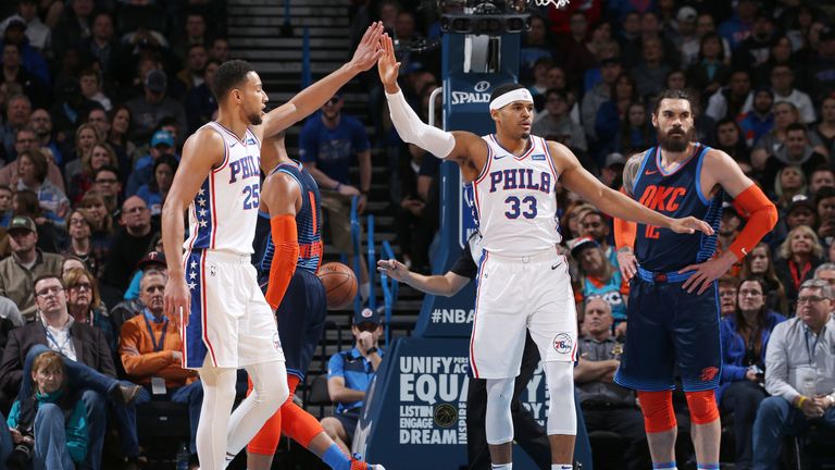 Ben Simmons high-fives Sixers team-mate Tobias Harris