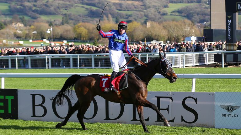 Jockey Jeremiah McGrath as Beware The Bear wins at Cheltenham