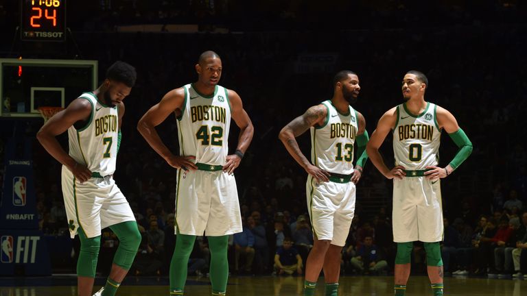 Jaylen Brown, Al Horford, Marcus Morris and Jayson Tatum on court in Philadelphia