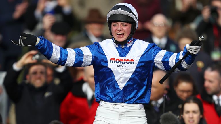 A jubilant Bryony Frost returns to the winners' enclosure on Frodon