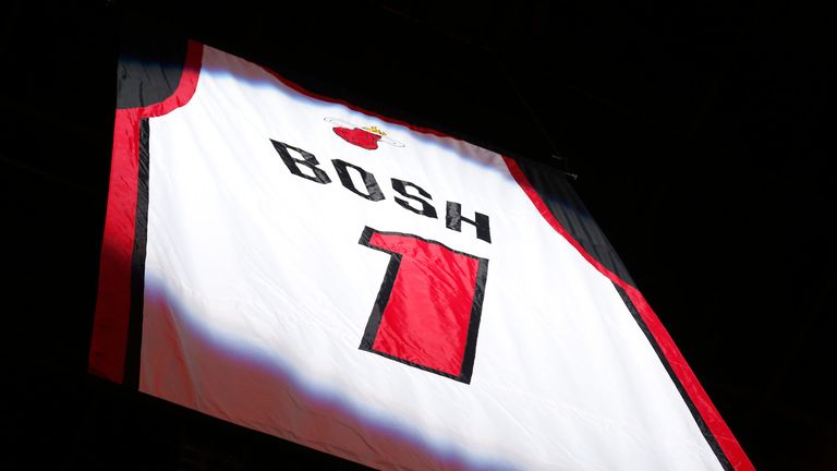 Chris Bosh&#39;s jersey is raised to the rafters in Miami