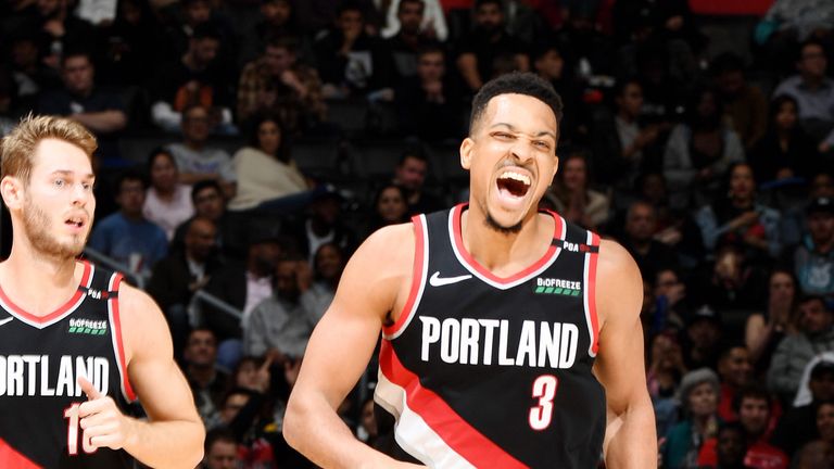 CJ McCollum celebrates during Portland's win over the Los Angeles Clippers