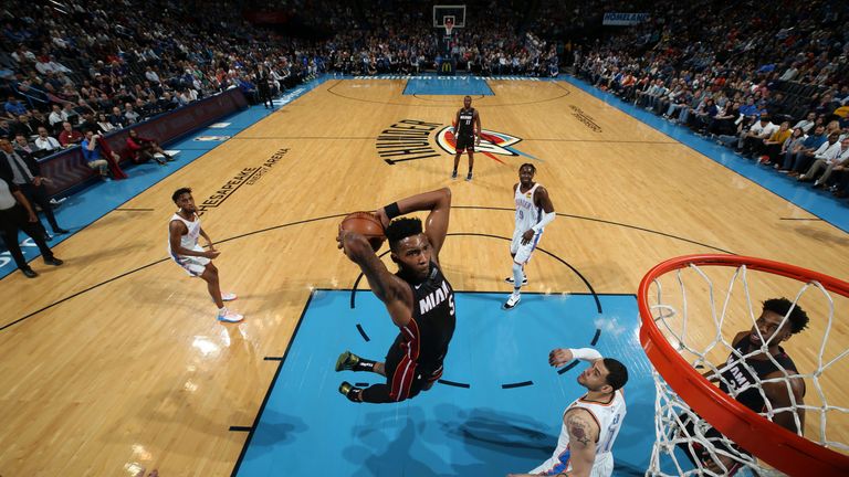 Derrick Jones Jr soars for a huge two-handed slam against the Oklahoma City Thunder
