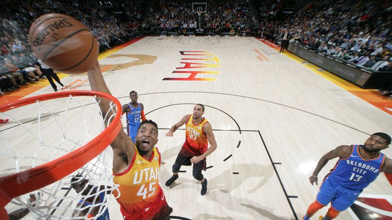 Donovan Mitchell hammers home a huge dunk against the Oklahoma City Thunder