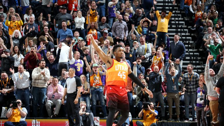 Donovan Mitchell celebrates after draining a three-pointer