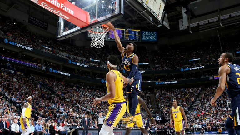 Donovan Mitchell on the track for a huge dunk against the Lakers