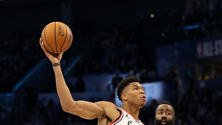 Giannis Antetokounmpo drives at James Harden during the All-Star Game