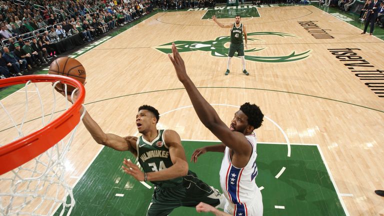 Joel Embiid attempts to block Giannis Antetokounmpo at the rim