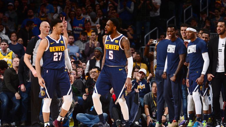 Jamal Murray and Will Barton celebrate during the Nuggets win over Utah