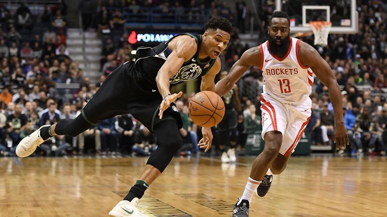 Giannis Antetokounmpo and James Harden chase possession