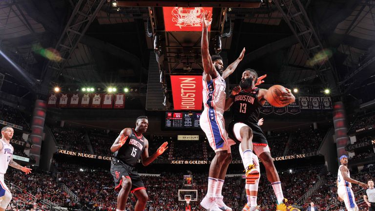 James Harden throws a wraparound pass to team-mate Clint Capela