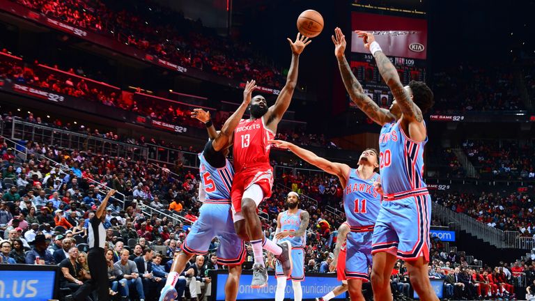 James Harden lofts a floater against the Atlanta Hawks