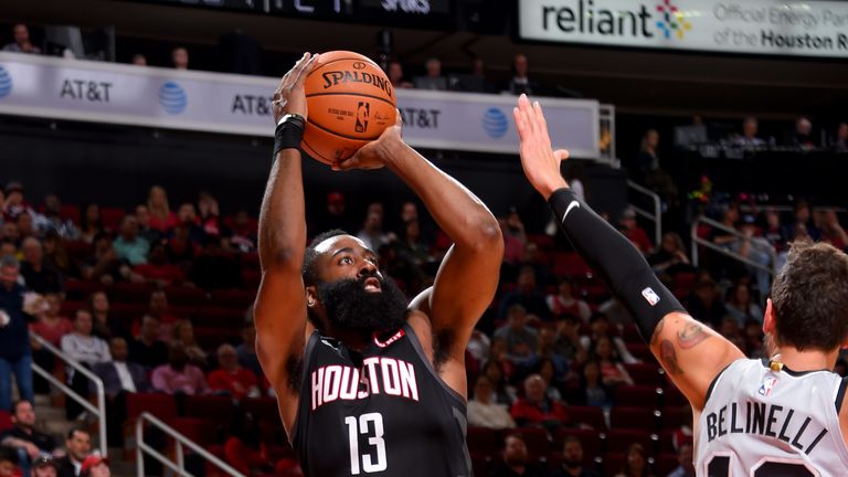 James Harden fires a jump shot en route to a career-best-equalling 61 points against San Antonio