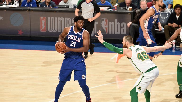 Joel Embiid faces up Aron Baynes during the 76ers&#39; victory over the Celtics