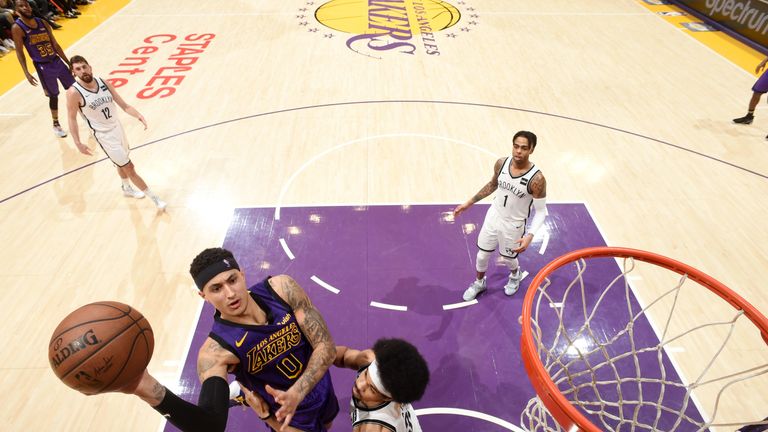 Kyle Kuzma shoots during the Los Angeles Lakers&#39; loss to the Brooklyn Nets