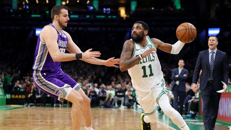 Kyrie Irving recorded his second career triple-double to lead the Boston Celtics to victory over the Sacramento Kings