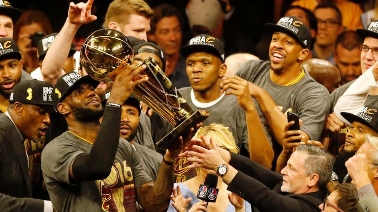 LeBron James celebrates winning an NBA title for his hometown Cleveland Cavaliers