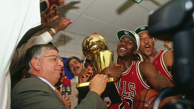 Michael Jordan celebrates his third NBA title win with the Chicago Bulls