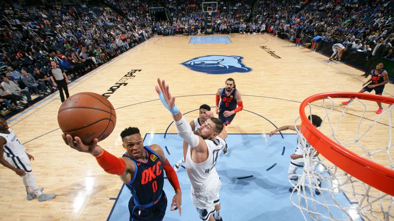 Russell Westbrook elevates to the rim to score against Memphis