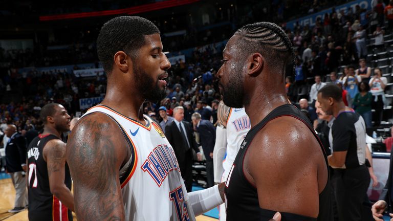Paul George congratulates Dwayne Wade after the Heat defeated the Thunder