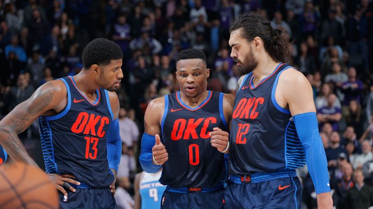 Paul George, Russell Westbrook and Steven Adams in action for the Oklahoma City Thunder