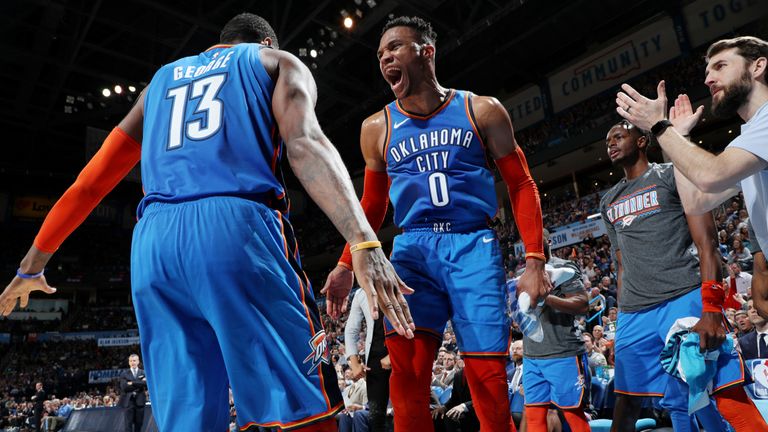 Paul George and Russell Westbrook celebrate during the Thunder&#39;s win against Brooklyn