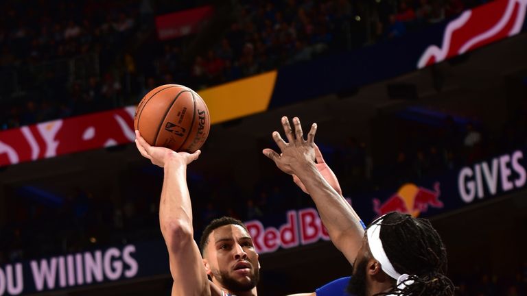Ben Simmons launches a shot against Brooklyn