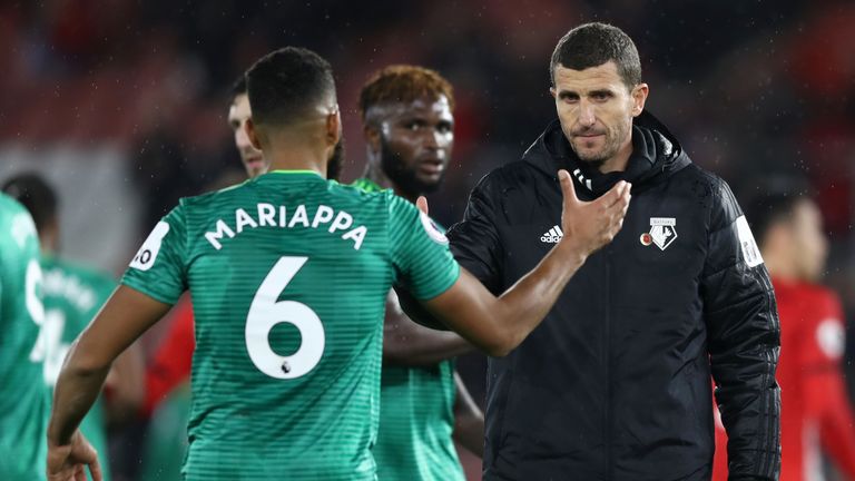 Adrian Mariappa and Javi Gracia during the Premier League match between Southampton FC and Watford FC at St Mary's Stadium on November 10, 2018 in Southampton, United Kingdom.