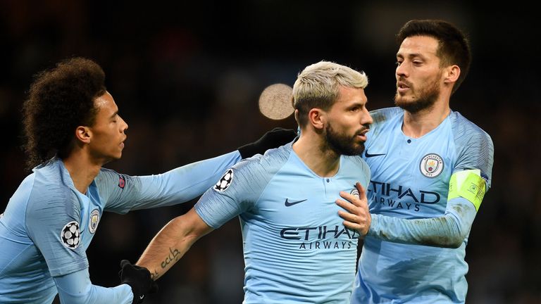 Manchester City celebrate a goal against Schalke in the Champions League